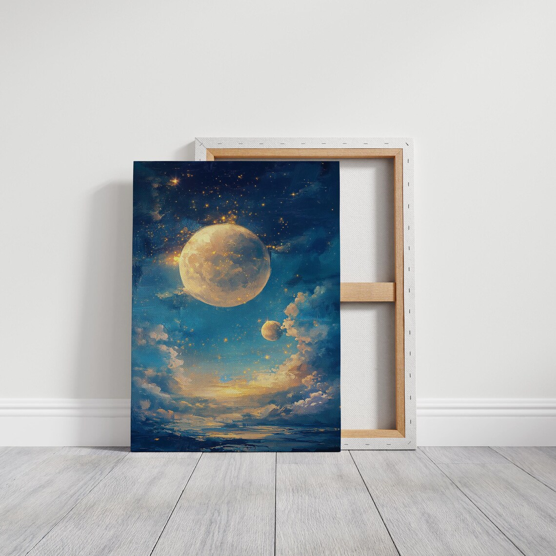 Dreamy Double Moon Art Starry Night Sky Clouds Celestial Tranquil Poster - Image 3