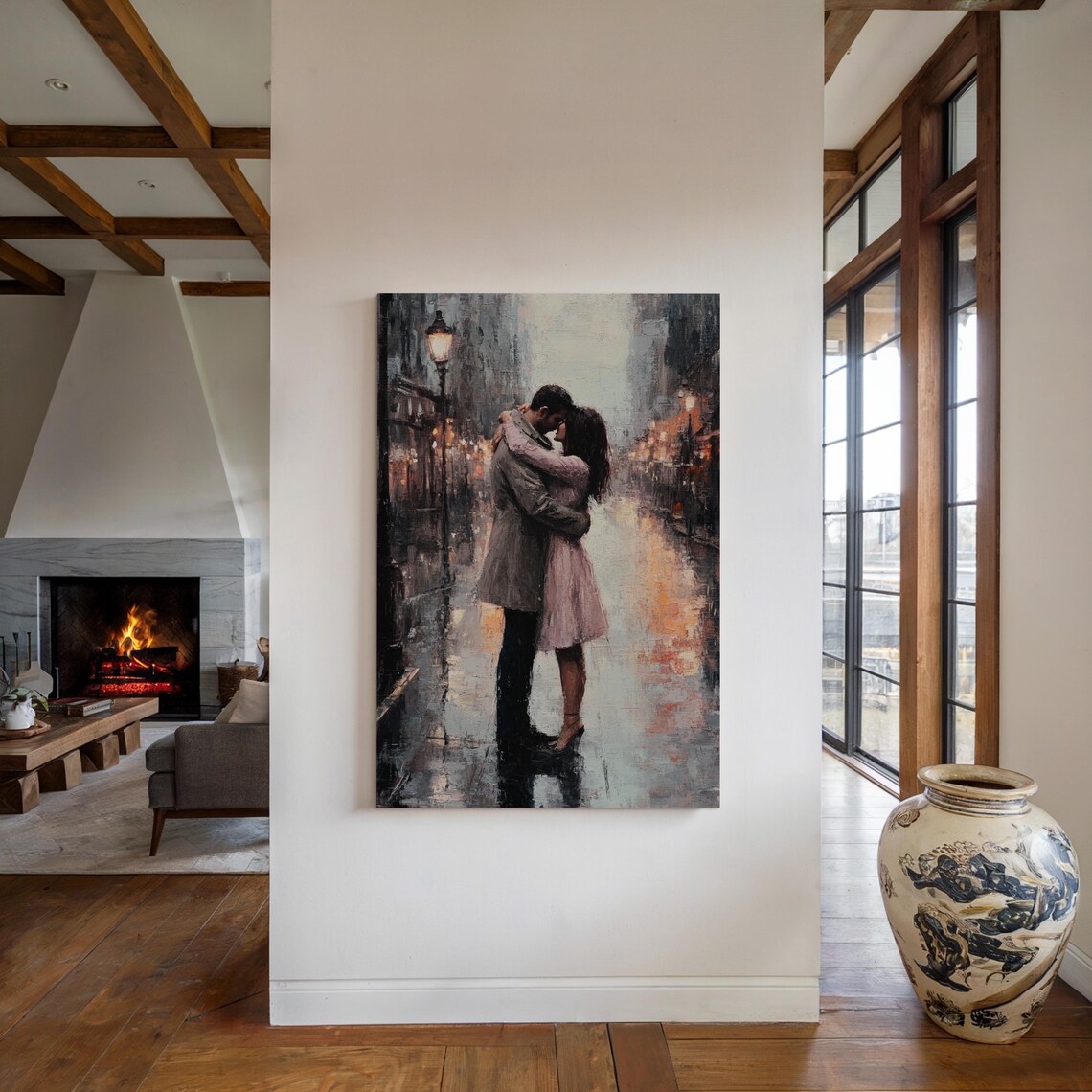Romantic Couple In The Rain, Cityscape Art Print - Image 6