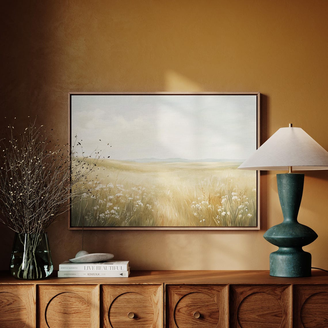 Serene Golden Meadow Of White Wildflowers Under Soft Hazy Sky Poster - Image 4