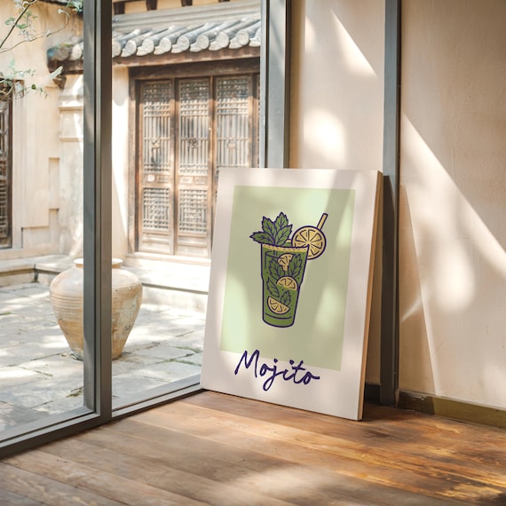 Mojito Cocktail Poster With Mint And Lime Illustration Retro Green Bar Art