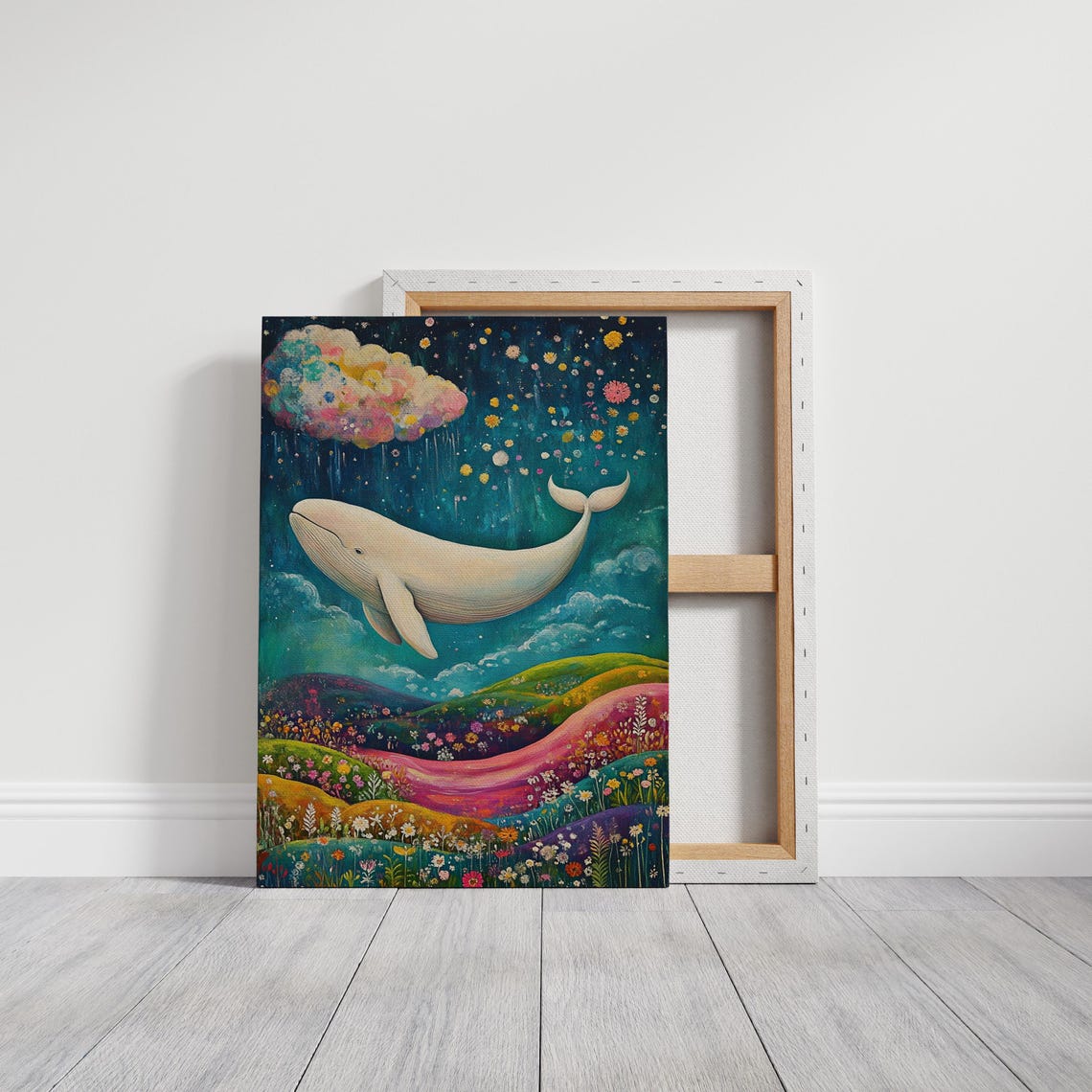 Magical White Whale Over Colorful Wildflower Hills Night Sky Poster - Image 3