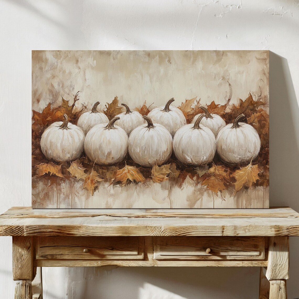 White Pumpkins Among Autumn Leaves Warm Farmhouse Fall Still Life Poster - Image 7