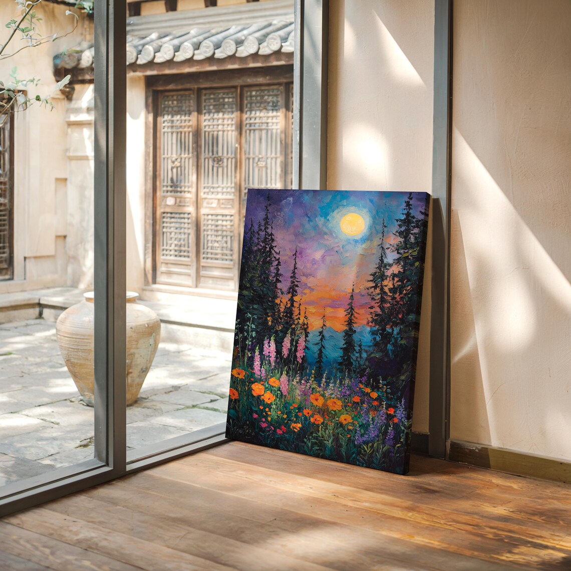 Full Moon Above Evergreen Forest And Colorful Wildflower Field Poster - Image 4