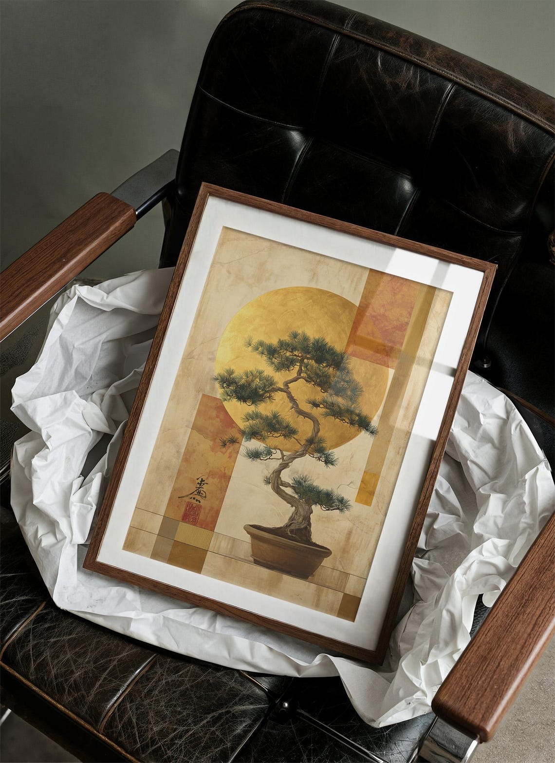 Bonsai Pine Tree Golden Sun Japanese Style Wall Art for Office