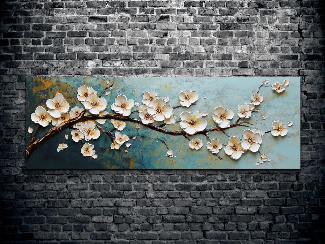 White Cherry Blossom Branch Impasto Panoramic Floral Art Poster - Image 2