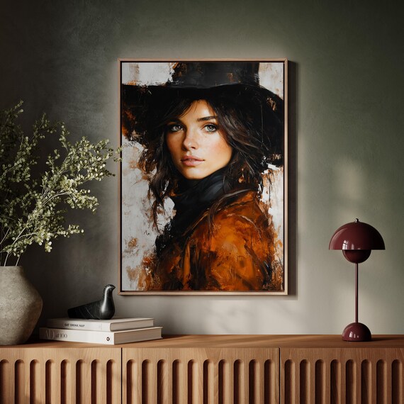 Cowgirl Portrait Black Hat Rust Orange Jacket Western Oil Painting Poster