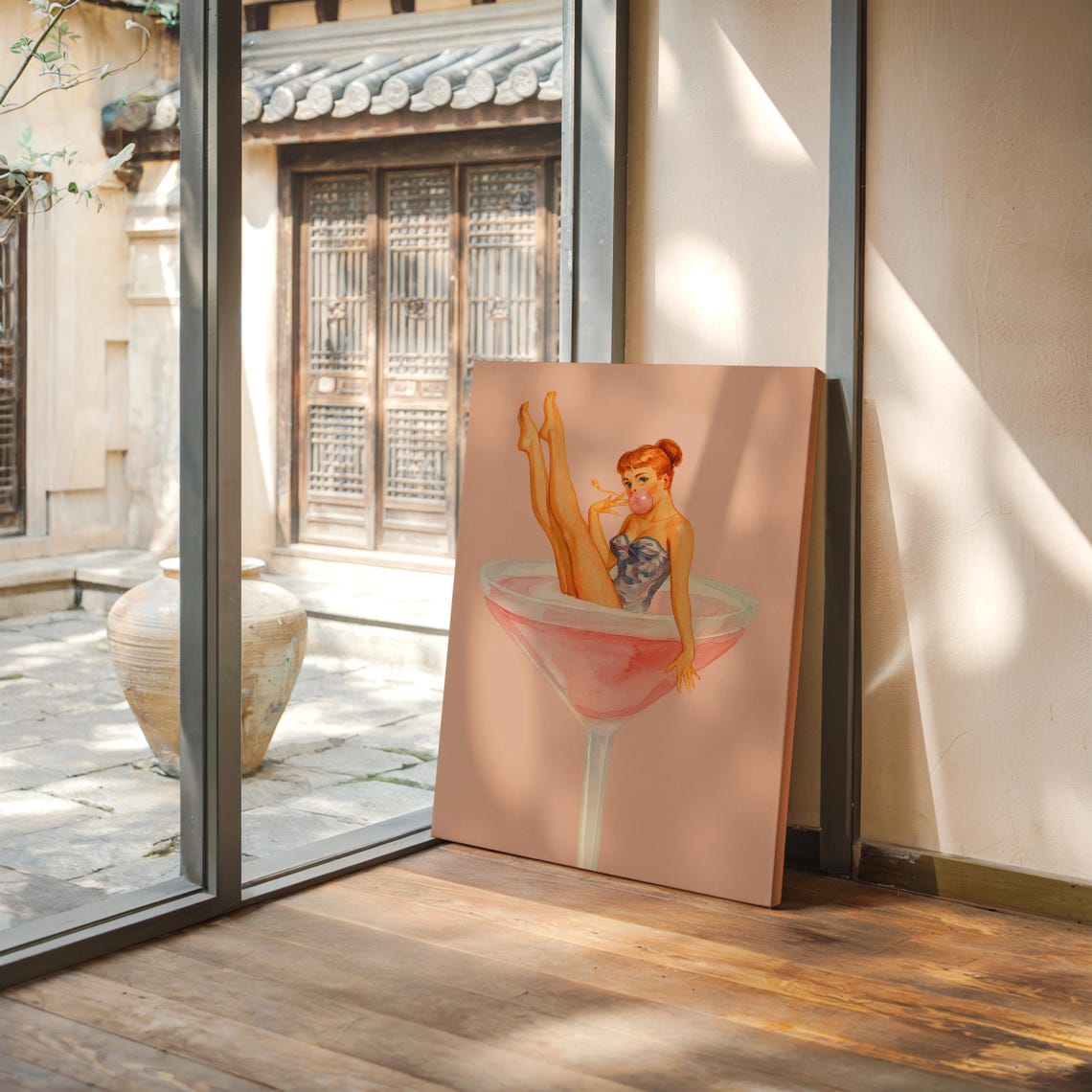 Vintage Pinup Girl Sitting Inside a Pink Martini Glass Poster