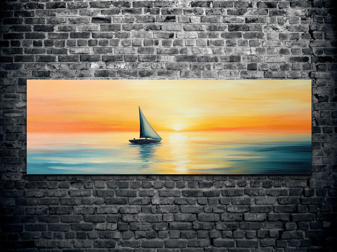 Lone Sailboat On Sunset Sea Orange Sky Panoramic Ocean Poster - Image 2