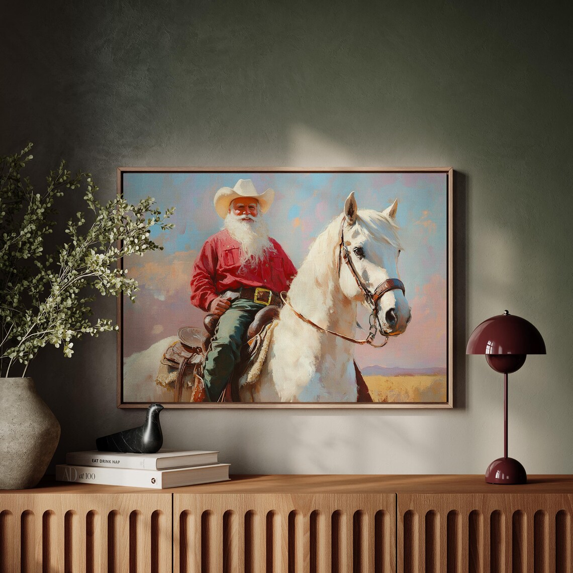 Cowboy Santa On White Horse Vintage Christmas Western Art Poster - Image 3