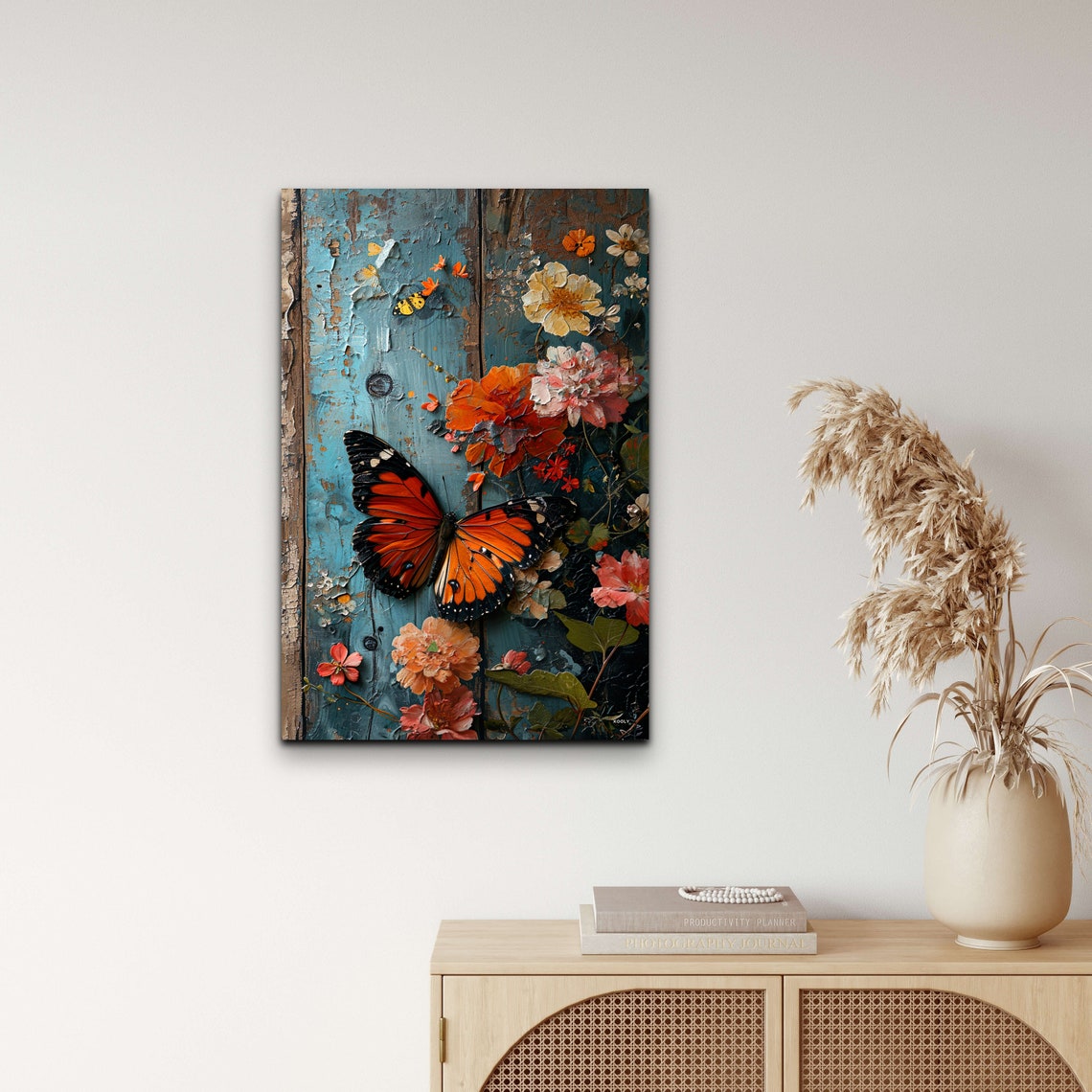Monarch Butterfly Weathered Teal Wood Floral Garden Wall Art - Image 4
