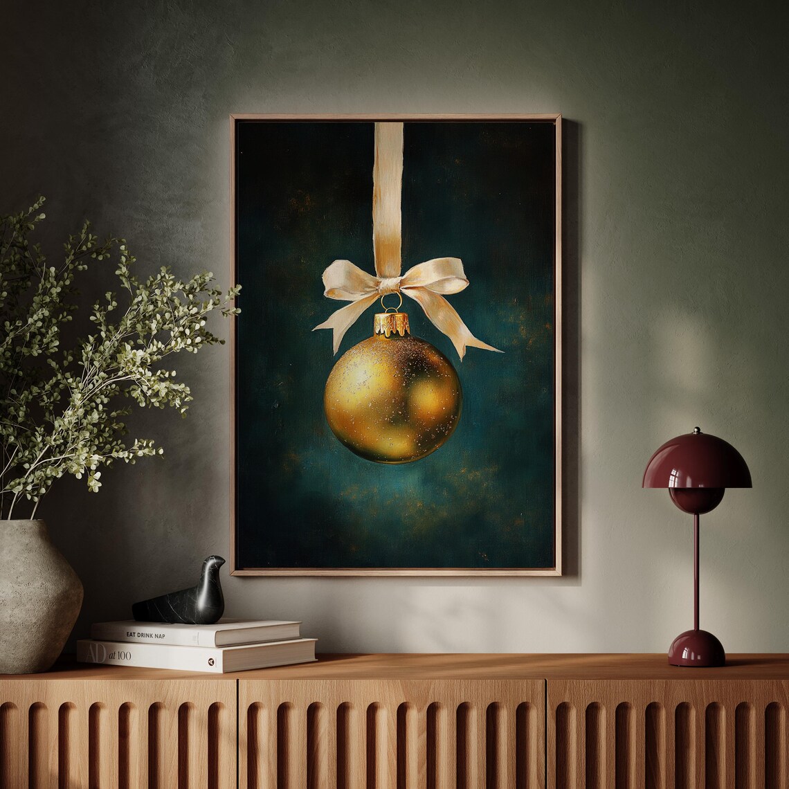 Gold Christmas Ornament Hanging From Cream Ribbon Minimal Poster - Image 7