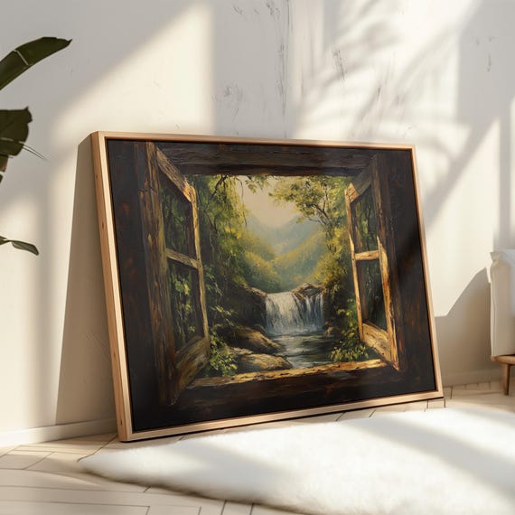 Waterfall Window View Rustic Nature Landscape Wall Art Tropical Forest Painting Open Window Poster Serene Greenery Decor