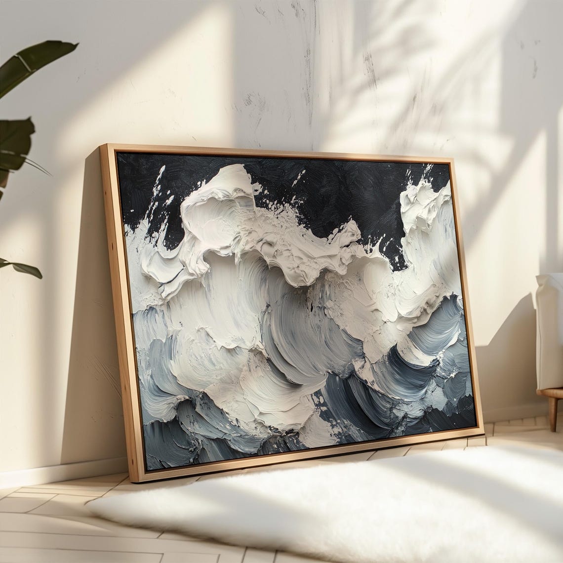 Textured Black White Ocean Wave Impasto Abstract Modern Wall Art - Image 3