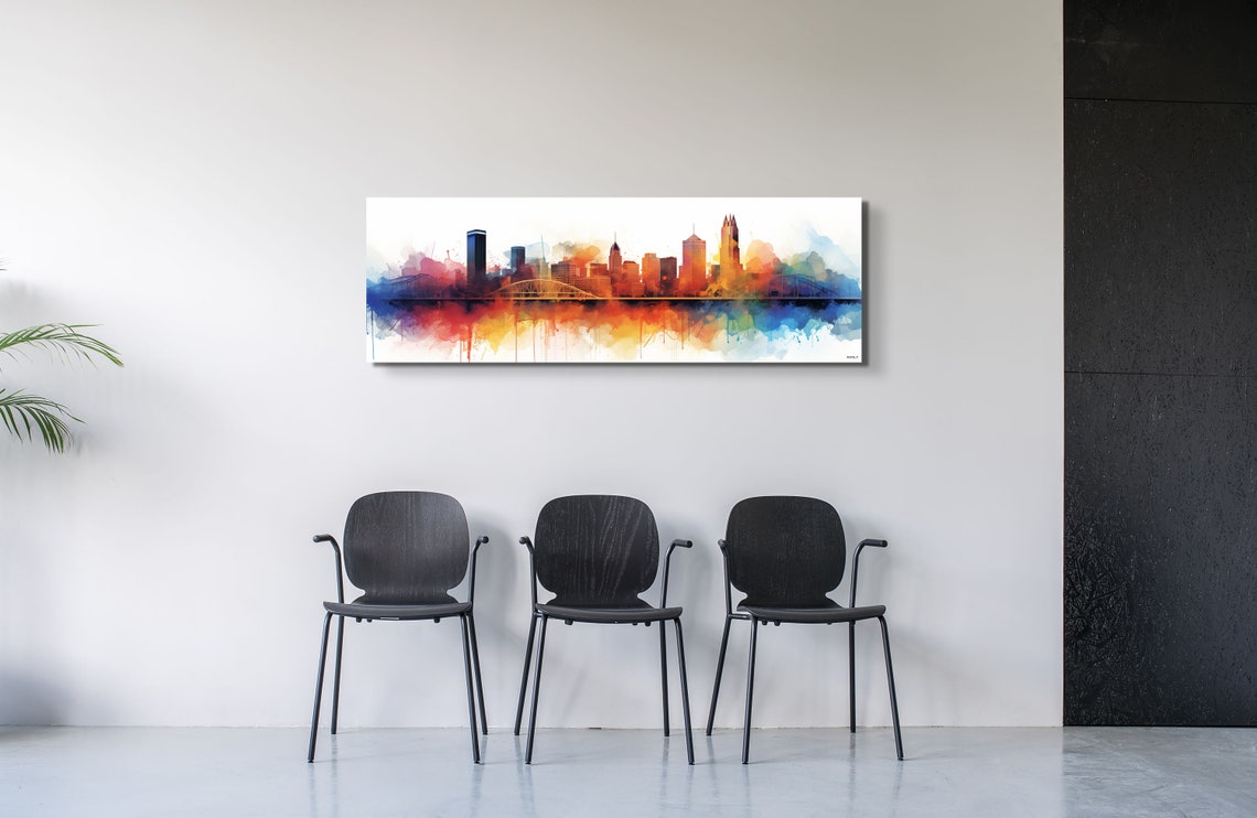 Pittsburgh Skyline Watercolor Poster With Colorful River Reflections - Image 6