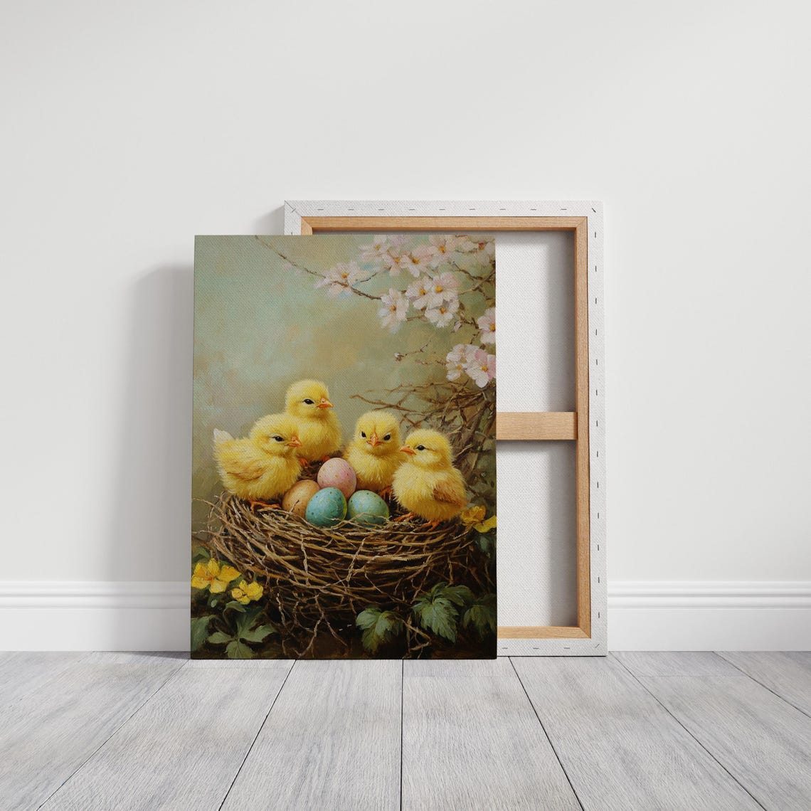 Baby Chicks in Nest With Easter Eggs Vintage Spring Painting Wall Art - Image 3