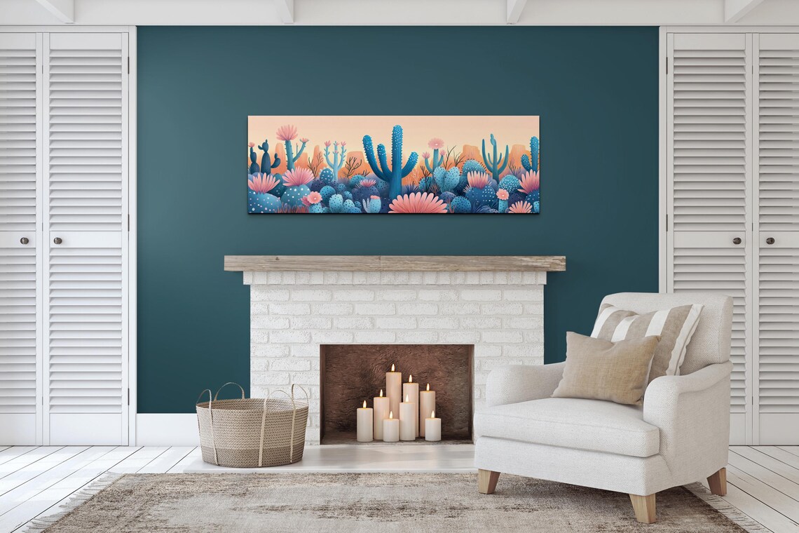Desert Cactus Bloom Scene Pink Flowers Golden Sky Art Poster - Image 5