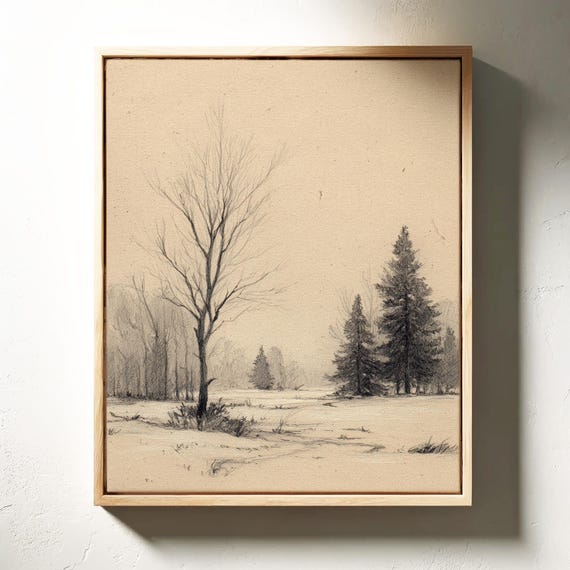 Winter Forest Pencil Drawing With Bare Trees