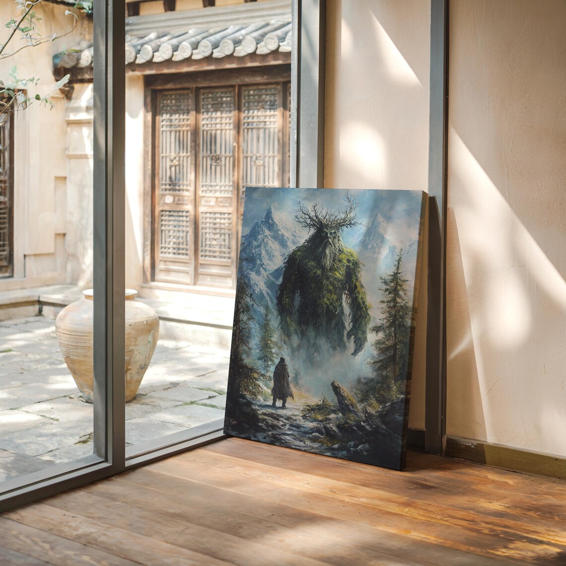 Forest Guardian Green Giant Snowy Mountains Fantasy Art Poster - Image 4