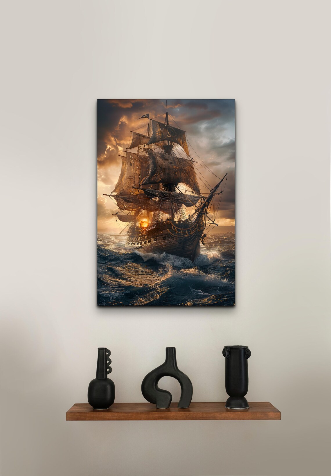 Tall Pirate Ship on Stormy Sea at Golden Sunset Sky Wall Art - Image 6