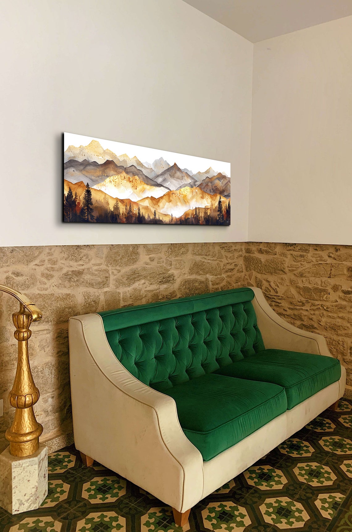 Golden Mountain Peaks Panoramic Watercolor Sunrise Landscape Poster - Image 6