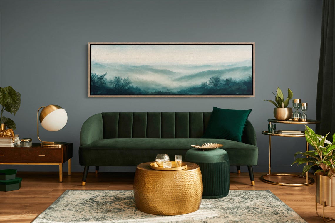 Misty Mountain Layers In Teal Fog Minimalist Panoramic Nature Wall Art - Image 2
