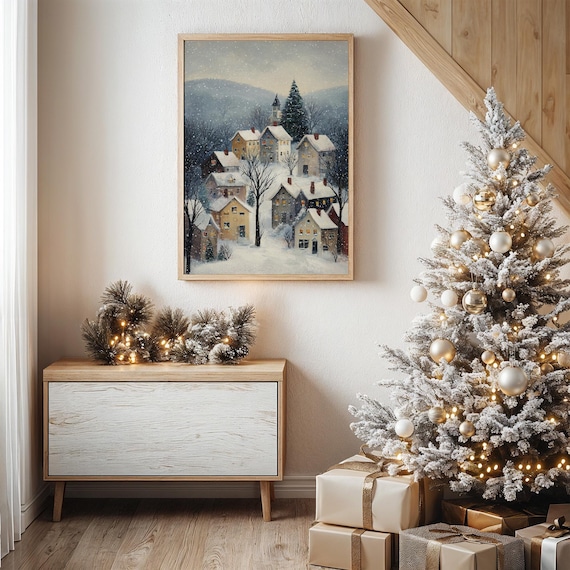 Snowy Village With Church And Steeple Winter Folk Art Christmas Poster