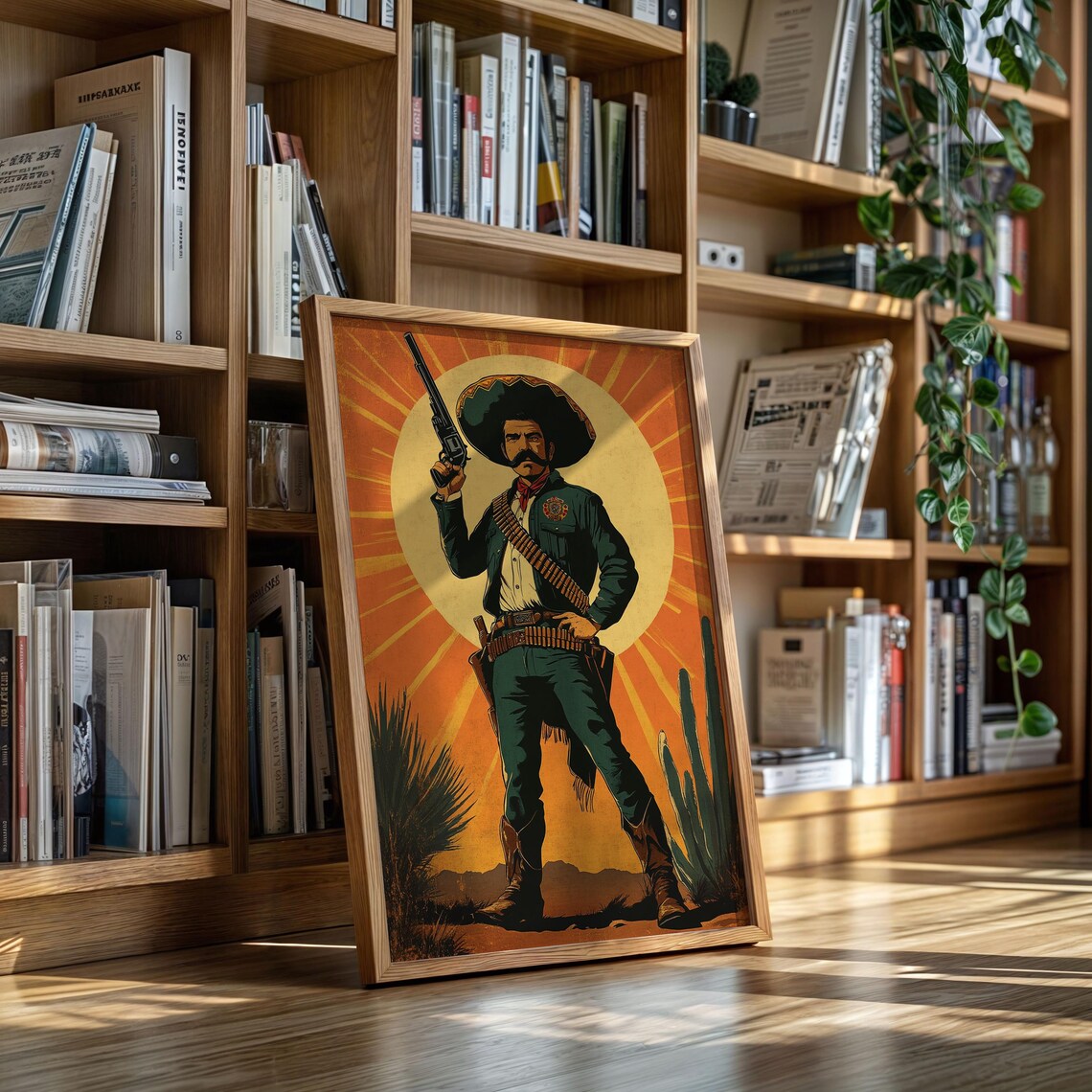 Vintage Mexican Charro Cowboy With Revolver Orange Sunburst Poster