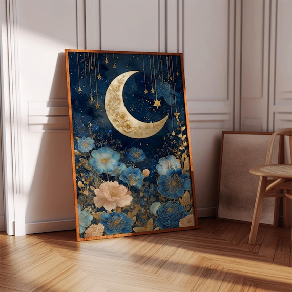Golden Crescent Moon Canvas Wall Art With Hanging Stars And Blue Floral Accents Celestial Night Sky Artwork For Bedroom Or Living Room