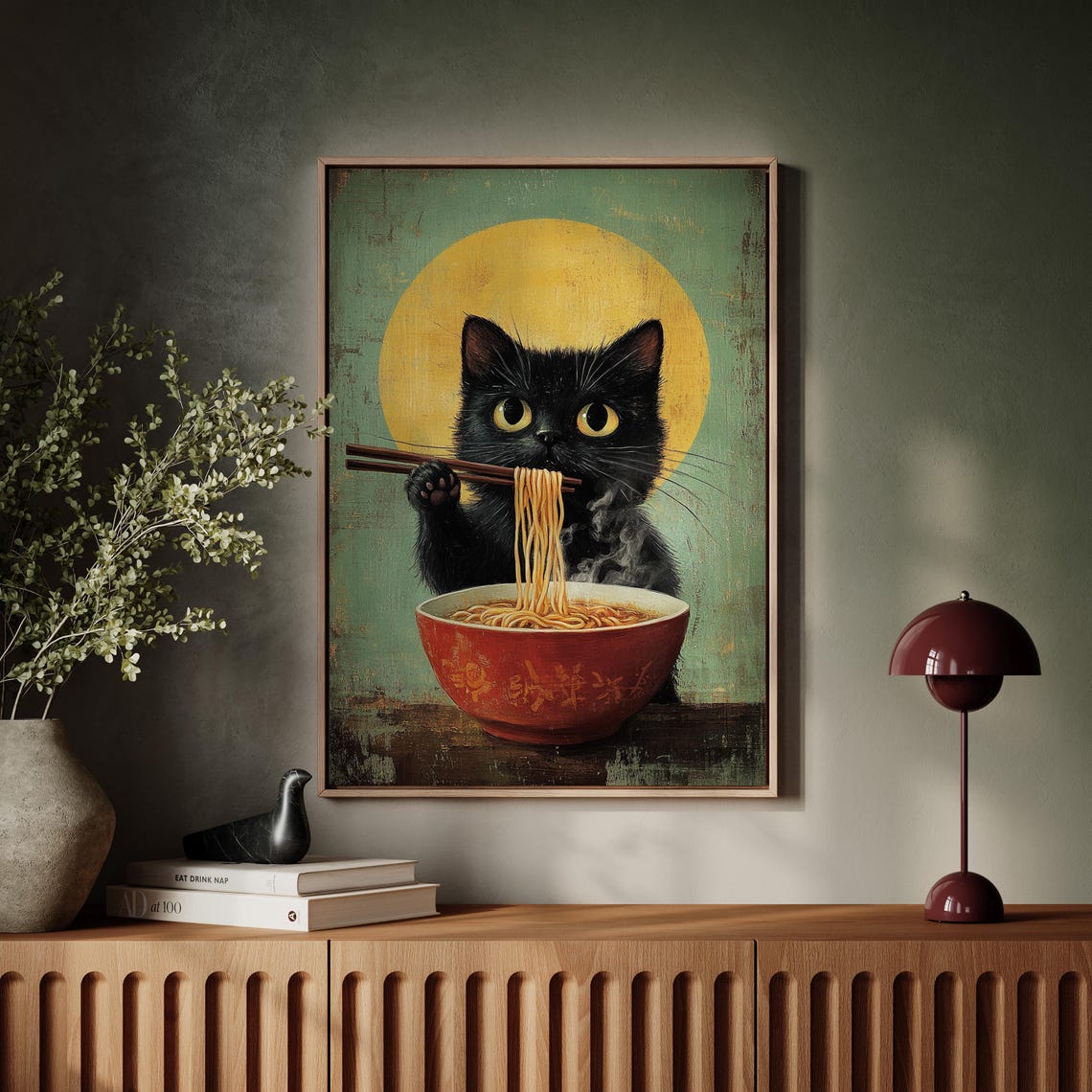 Black Cat Eating Ramen With Chopsticks Funny Kitchen Art Poster - Image 7