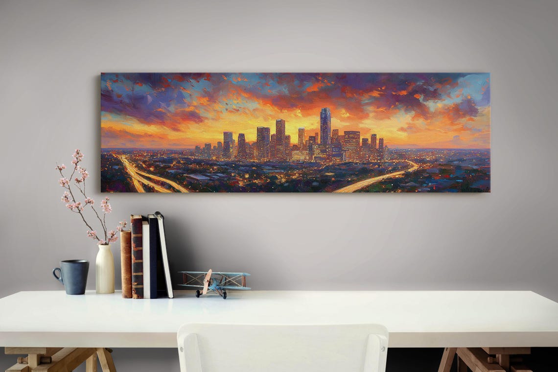 Dramatic City Skyline Sunset Fiery Clouds Urban Lights View Poster