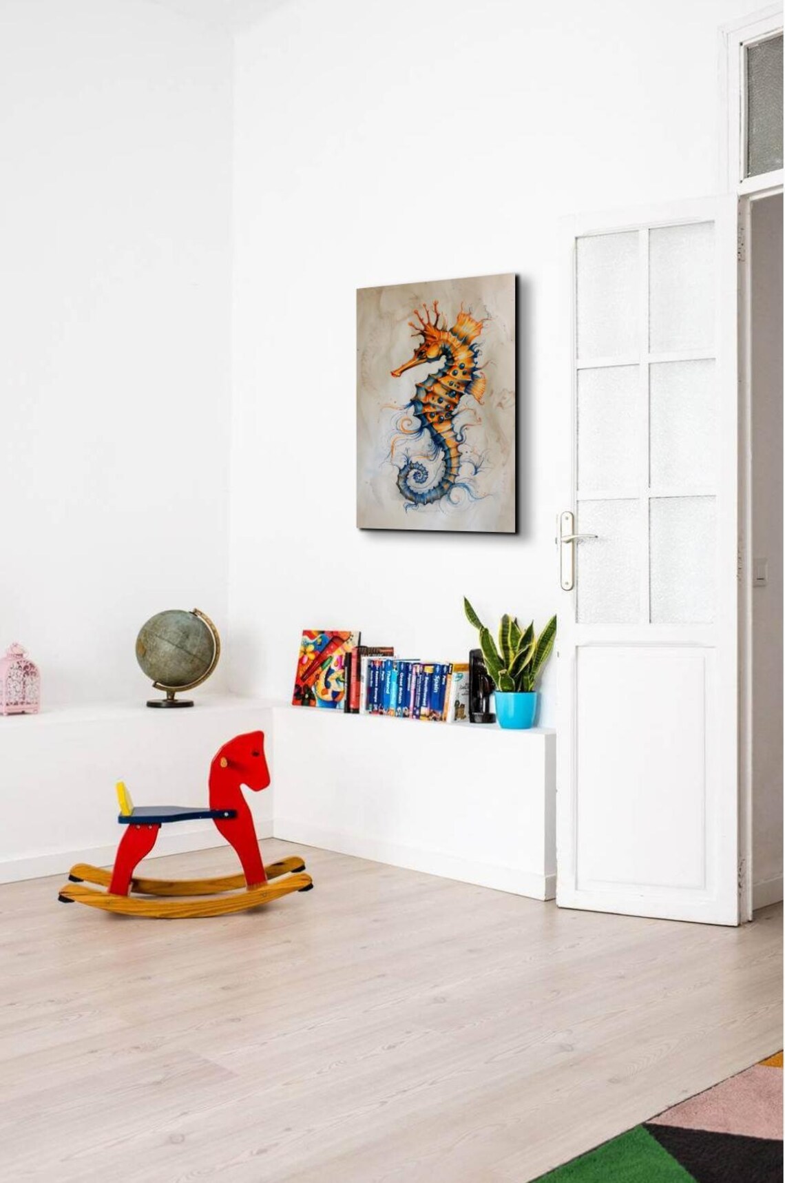Orange and Blue Watercolor Seahorse Coastal Marine Life Poster - Image 7