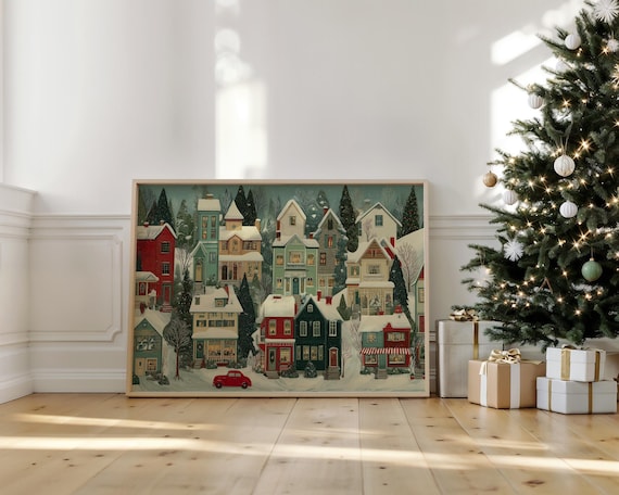 Snowy Christmas Village Vintage Winter Town Street Painting Poster