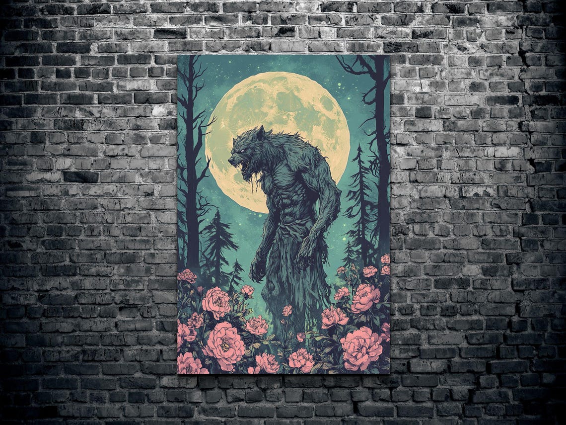 Werewolf Standing Among Moonlit Roses Full Moon Horror Art Poster - Image 2