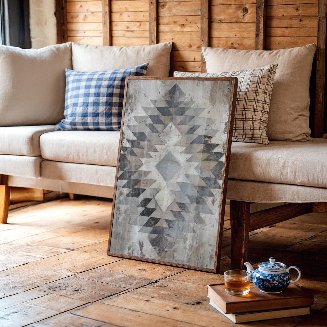 Gray Aztec Diamond Geometric Southwestern Tribal Pattern Wall Art