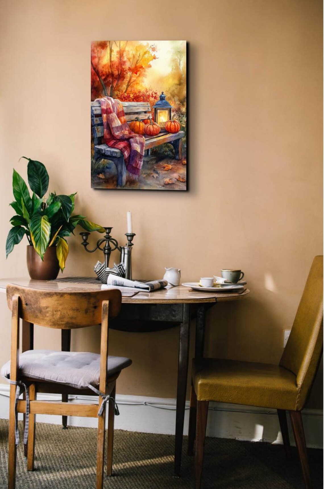Watercolor Autumn Bench With Pumpkins Lantern and Plaid Blanket Poster - Image 7
