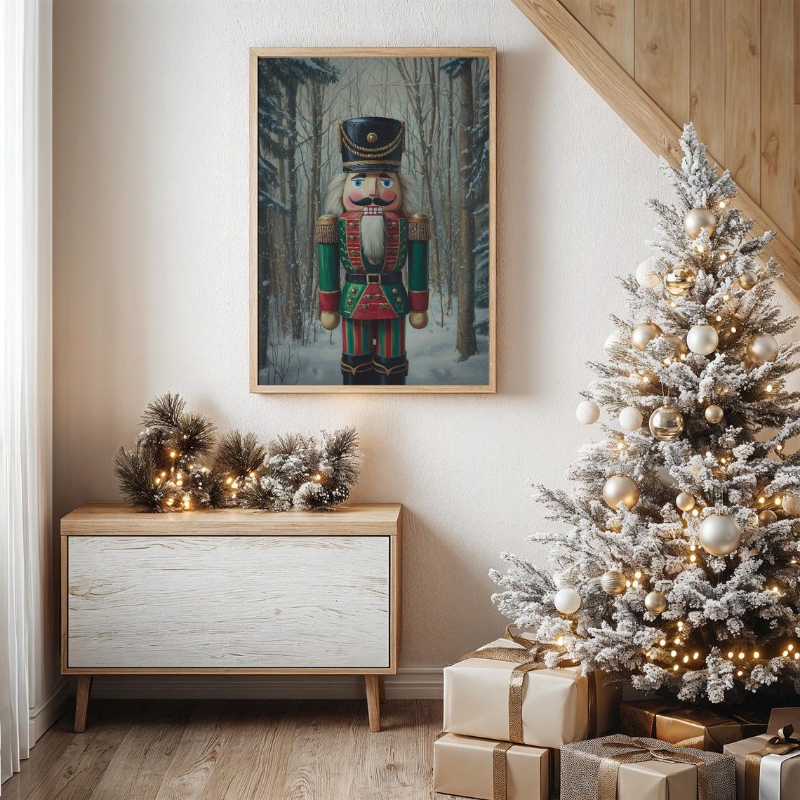 Nutcracker Soldier Standing In Snowy Winter Forest Holiday Poster