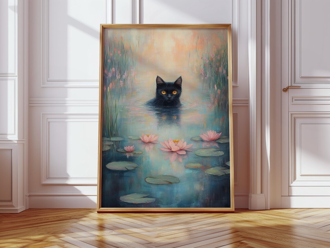 Black Cat Swimming In Water Lily Pond Mystical Feline Wall Art - Image 4