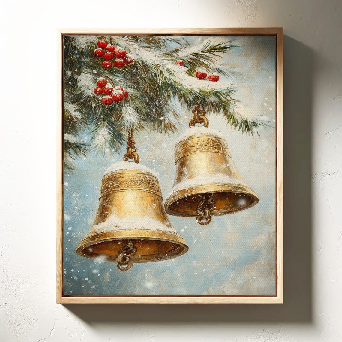 Two Golden Bells On Snowy Pine Branch Winter Holiday Season Poster - Image 4