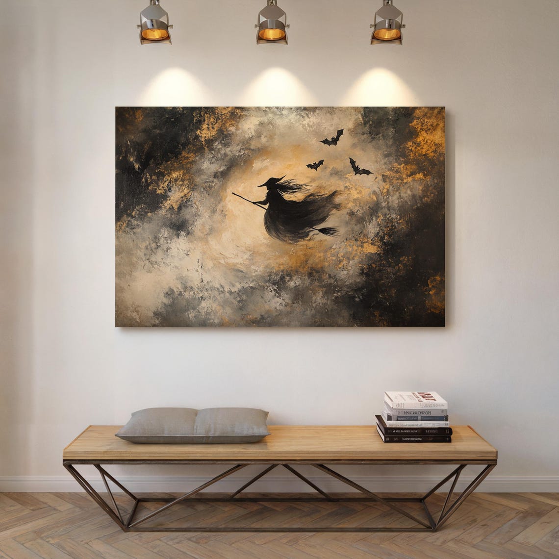 Halloween Witch Silhouette Flying Broomstick Full Moon Bats Poster - Image 6