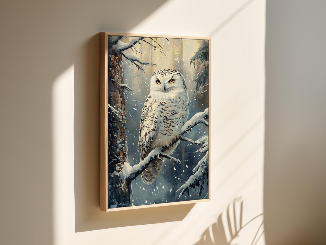 Snowy Owl Perched on Snowy Branch Winter Forest Wildlife Poster - Image 4