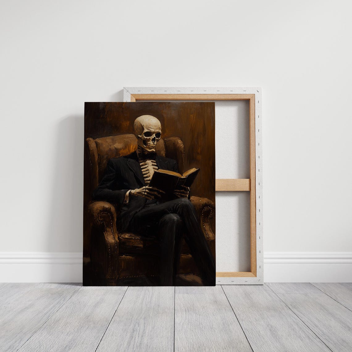 Elegant Skeleton Reading in a Leather Armchair Dark Art Poster - Image 6