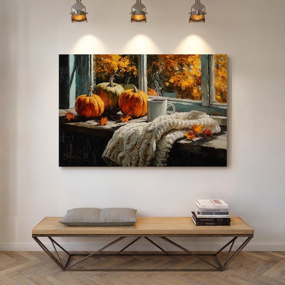 Cozy Autumn Window Pumpkins Hot Coffee Knit Blanket Fall Still Life Print
