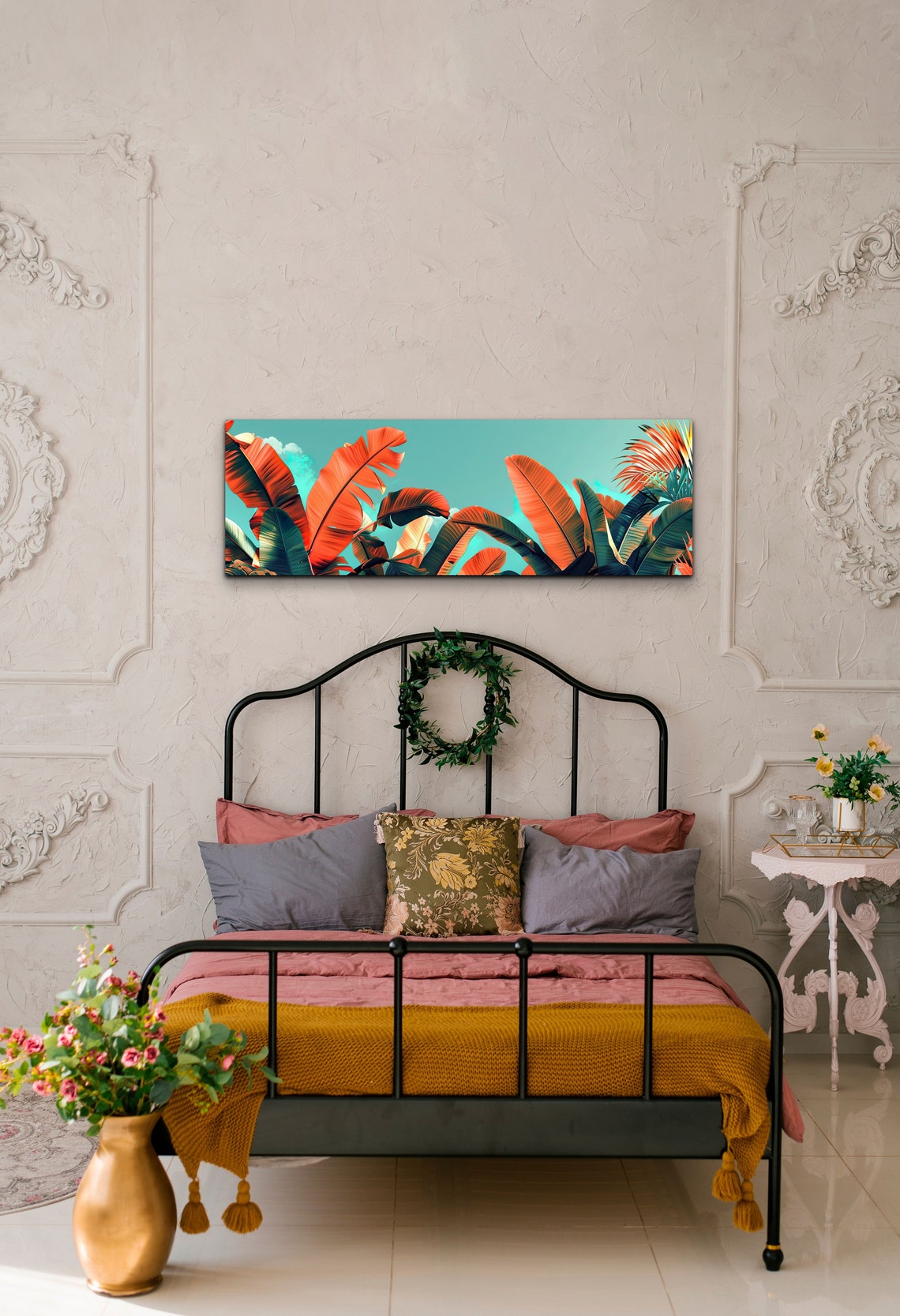 Burnt Orange Banana Leaves Against a Teal Sky Panoramic Poster - Image 2