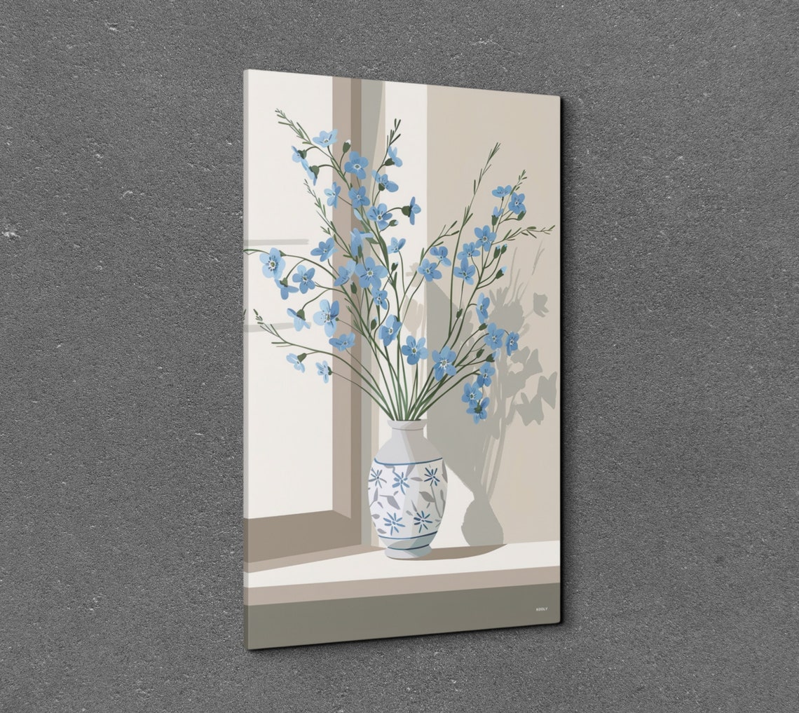 Blue Flowers in Patterned Vase by Sunlit Window Minimalist Art Poster - Image 3