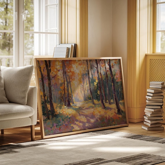 Autumn Forest Path Sunlit Trees Impressionist Fall Painting Poster