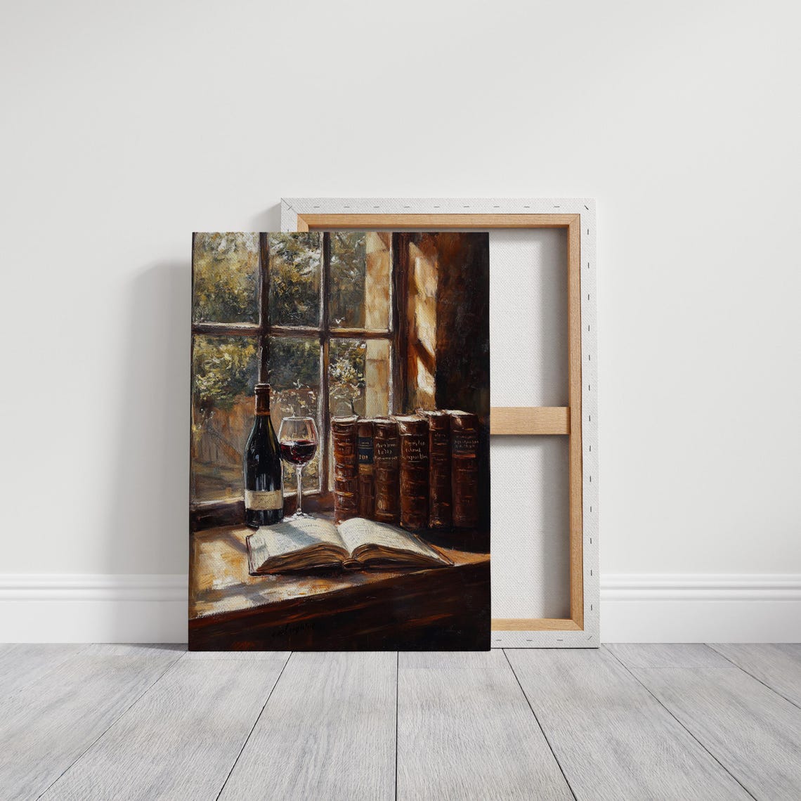 Rustic Wine Bottle and Books on Sunlit Window Sill Painting Poster - Image 3
