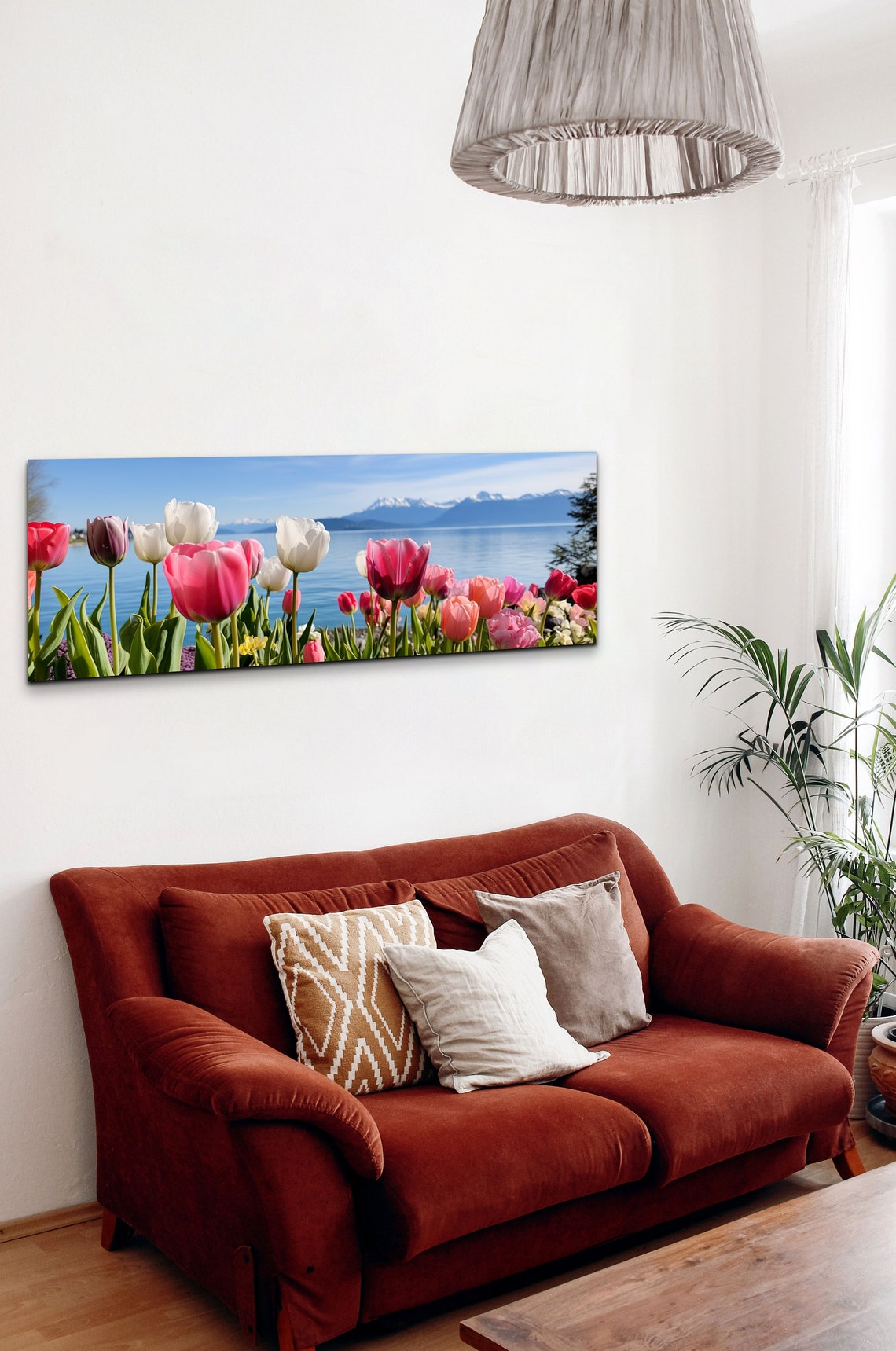 Colorful Tulips Blooming Beside a Lake with Snowy Mountains Poster - Image 4