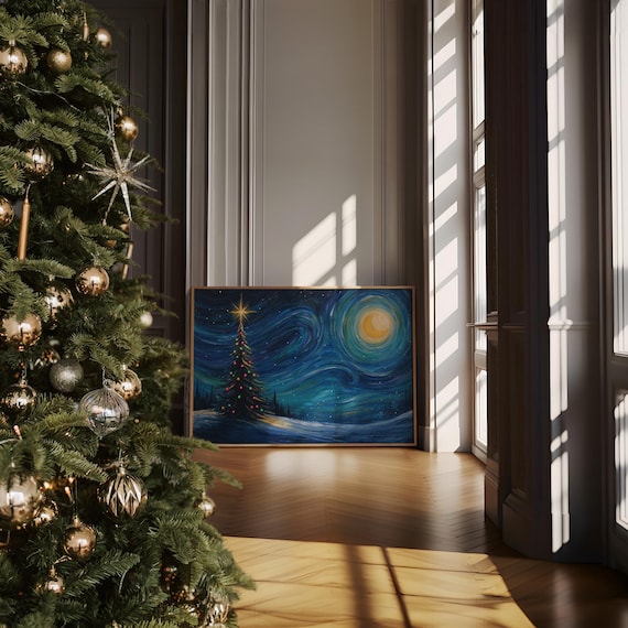 Starry Night Christmas Tree Under Swirling Sky Holiday Art Poster