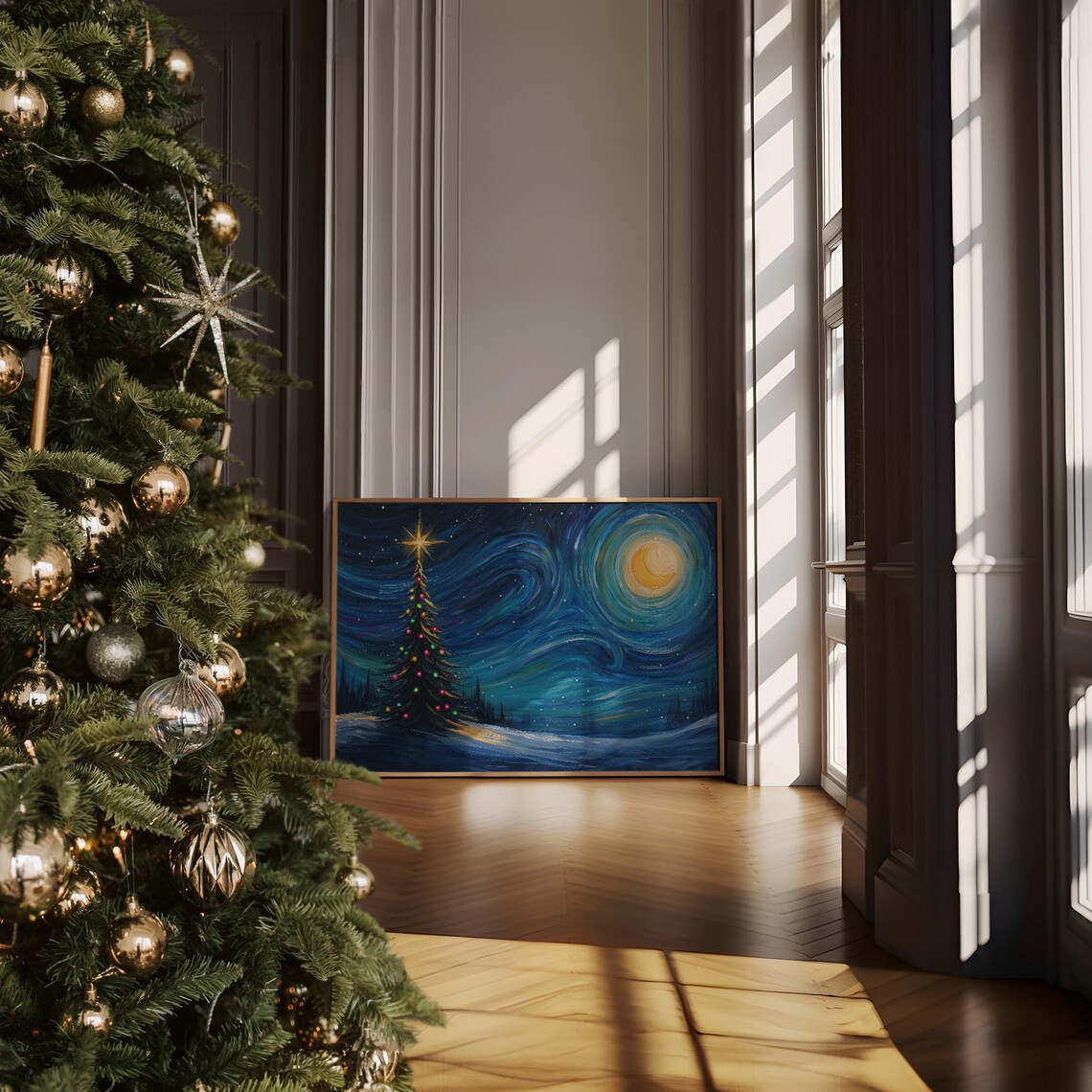 Starry Night Christmas Tree Under Swirling Sky Holiday Art Poster