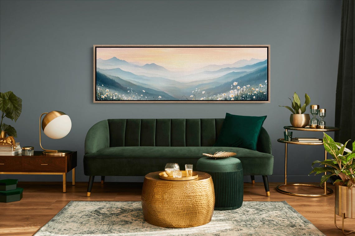 Misty Mountain Sunrise Over Wildflower Meadow Panoramic Art Poster - Image 5